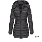 Veste d'hiver matelassée mi-longue pour femme – unie et capuche chaude