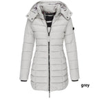 Veste d'hiver matelassée mi-longue pour femme – unie et capuche chaude