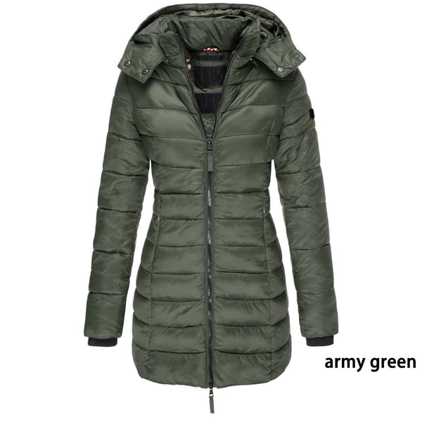 Mittellange wattierte Winterjacke für Damen – einfarbig & warme Kapuze