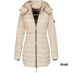 Veste d'hiver matelassée mi-longue pour femme – unie et capuche chaude