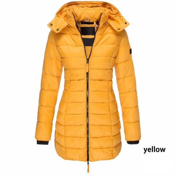 Mittellange wattierte Winterjacke für Damen – einfarbig & warme Kapuze