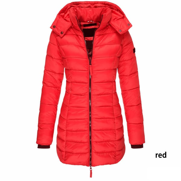 Mittellange wattierte Winterjacke für Damen – einfarbig & warme Kapuze