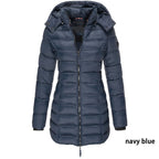 Veste d'hiver matelassée mi-longue pour femme – unie et capuche chaude