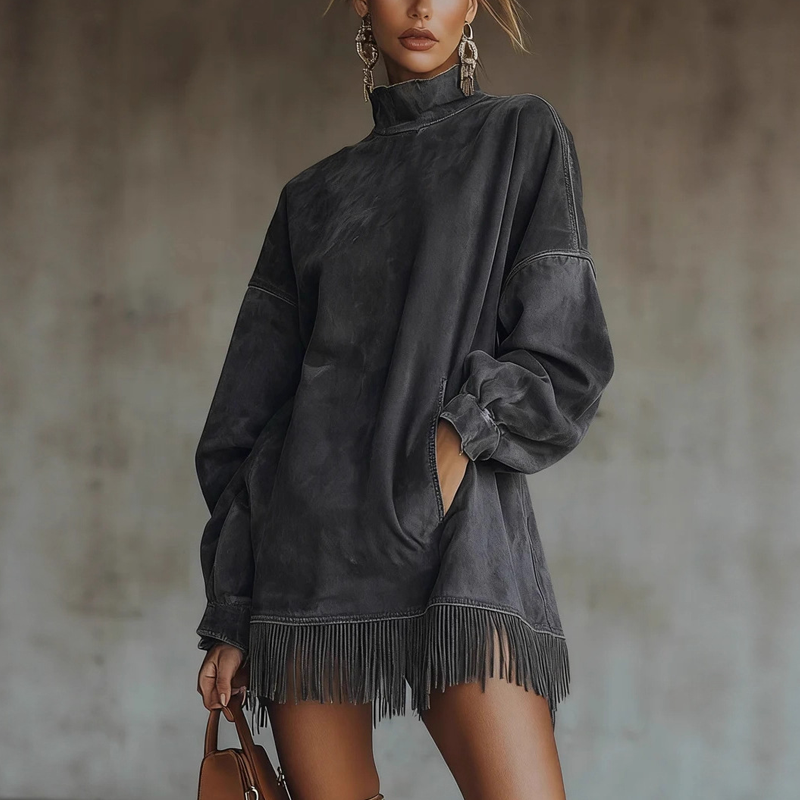 Jetzt im Trend –Casual Turtleneck Pocket Dress with Tassel Hem