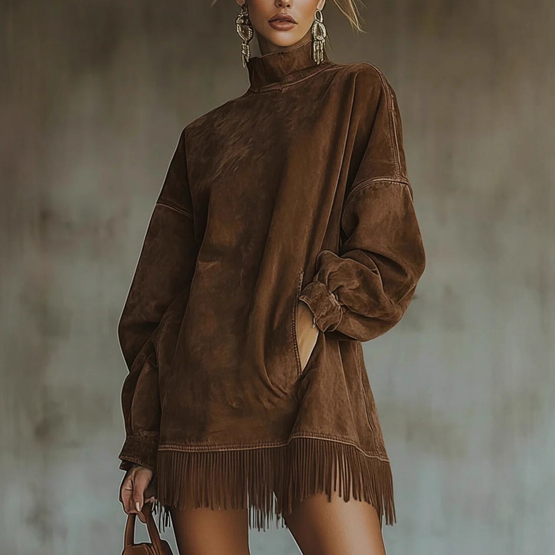 Jetzt im Trend –Casual Turtleneck Pocket Dress with Tassel Hem