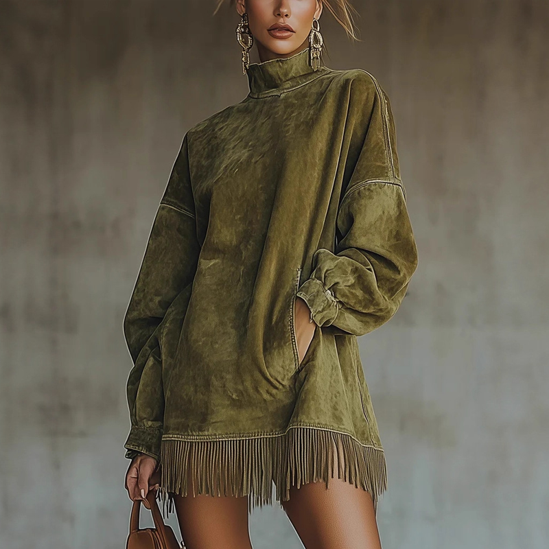 Jetzt im Trend – Lässiges Rollkragenkleid mit Taschen und Quastensaum