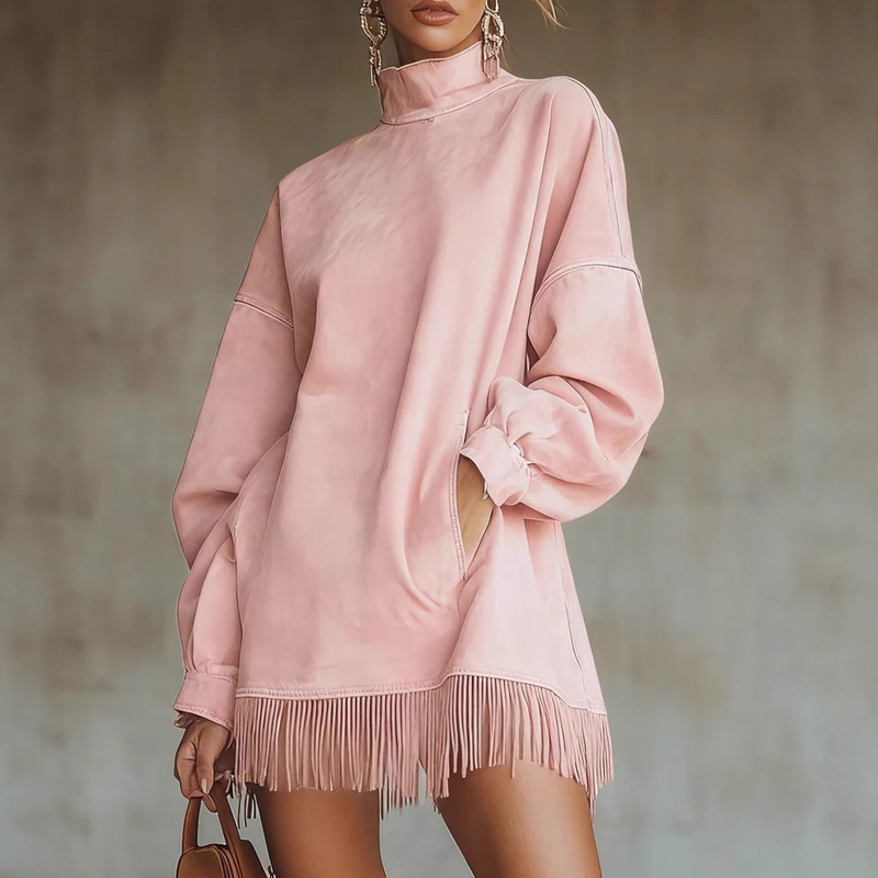 Jetzt im Trend –Casual Turtleneck Pocket Dress with Tassel Hem
