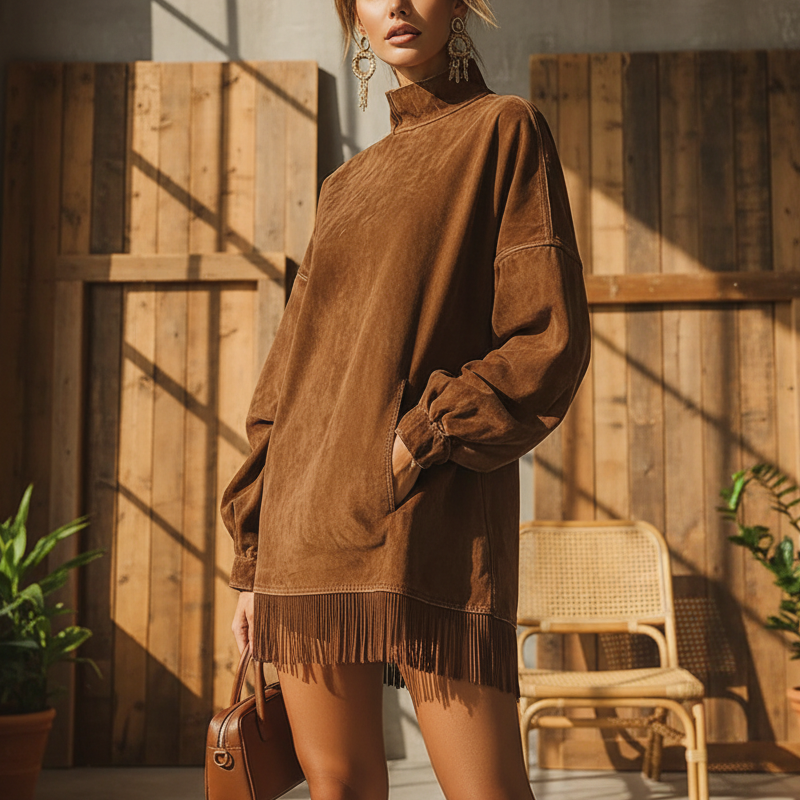 Jetzt im Trend – Lässiges Rollkragenkleid mit Taschen und Quastensaum