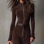 Schnell sein! Langes Kleid mit langen Ärmeln aus Wildlederimitat mit Reißverschluss