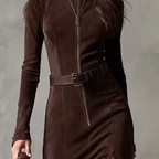 Schnell sein! Langes Kleid mit langen Ärmeln aus Wildlederimitat mit Reißverschluss