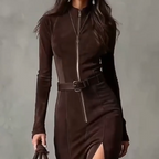 Schnell sein! Langes Kleid mit langen Ärmeln aus Wildlederimitat mit Reißverschluss
