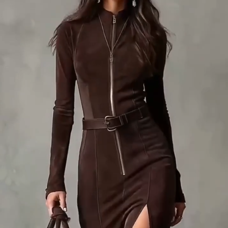 Schnell sein! Langes Kleid mit langen Ärmeln aus Wildlederimitat mit Reißverschluss