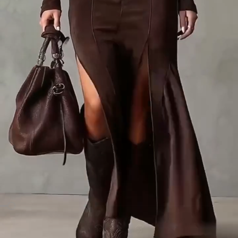 Schnell sein! Langes Kleid mit langen Ärmeln aus Wildlederimitat mit Reißverschluss