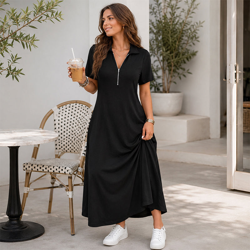 Lässiges Damen-Maxikleid mit Reißverschluss und unifarbenem Design