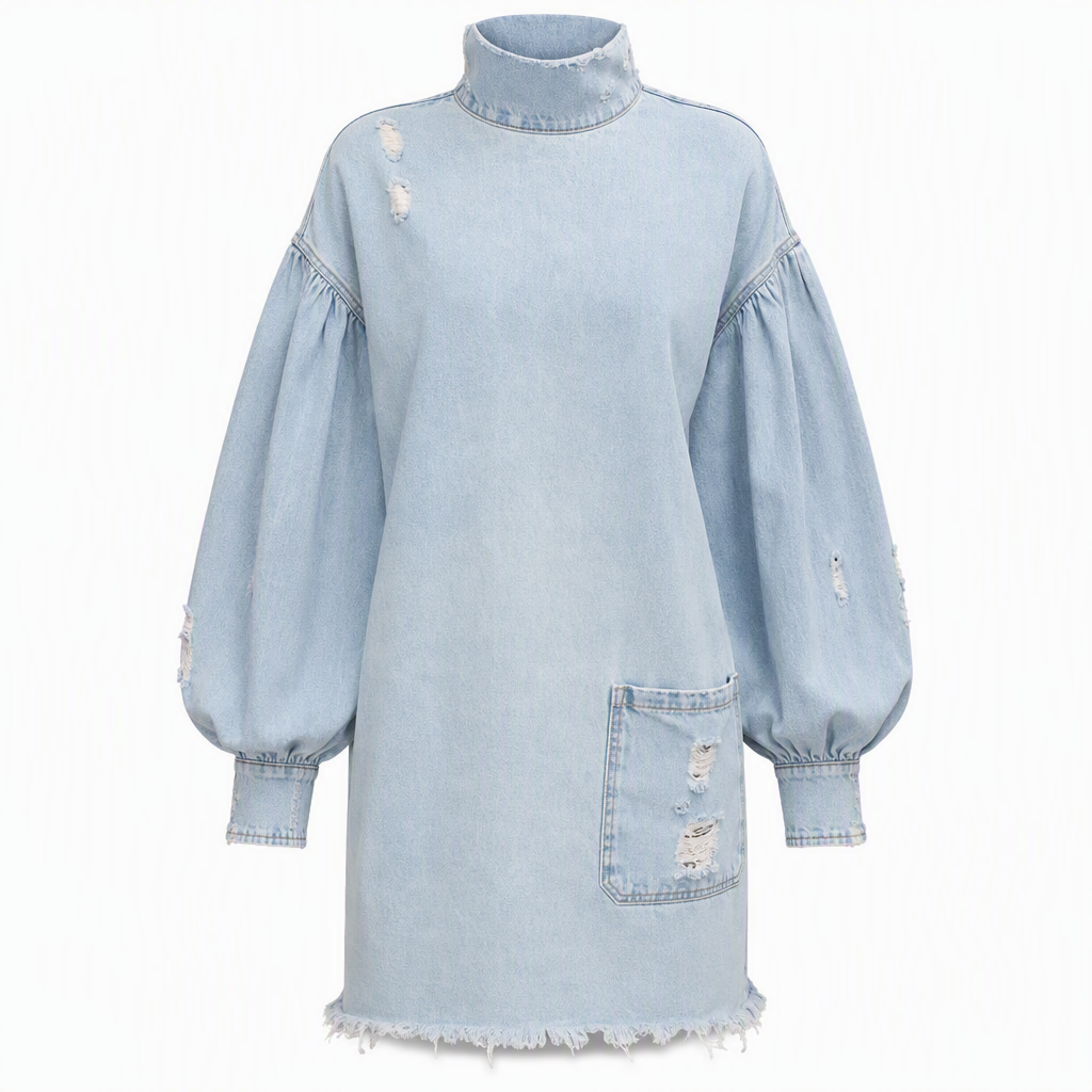 Soldes !!! 🎉✨ Mini-robe oversize en jean pour femme avec col montant