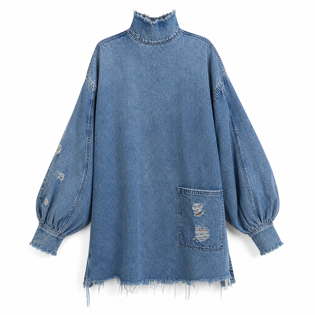 Oversized-Minikleid aus Denim für Damen mit Stehkragen