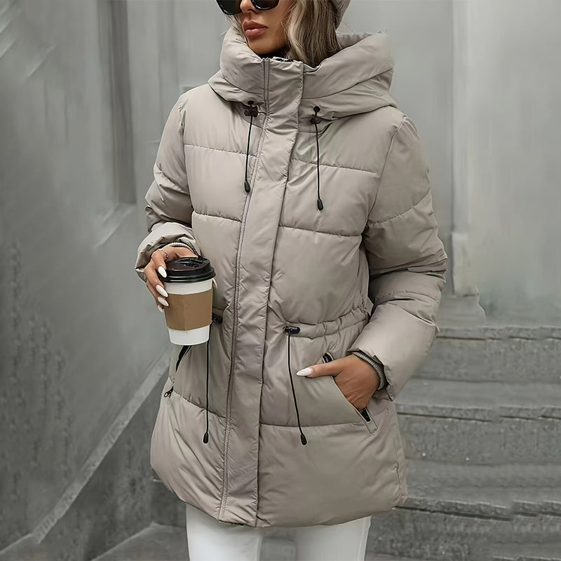 Manteau matelassé mi-long à capuche pour femme