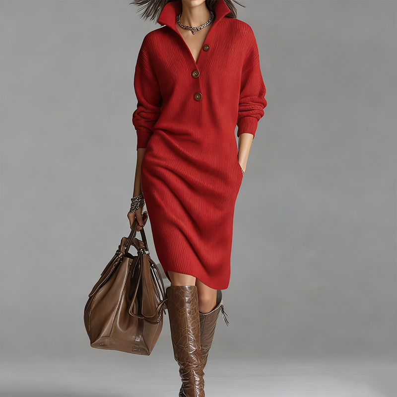 Damen geripptes Strickkleid mit Hemdkragen und Knopfleiste