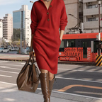 Geripptes Strickkleid für Damen mit Hemdkragen und Knopfleiste